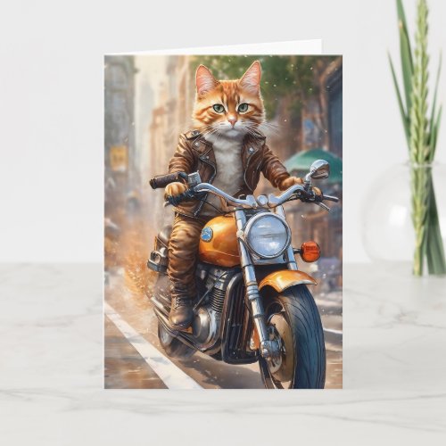 Orange Tabby Cat Out for a Motorcycle Ride Card