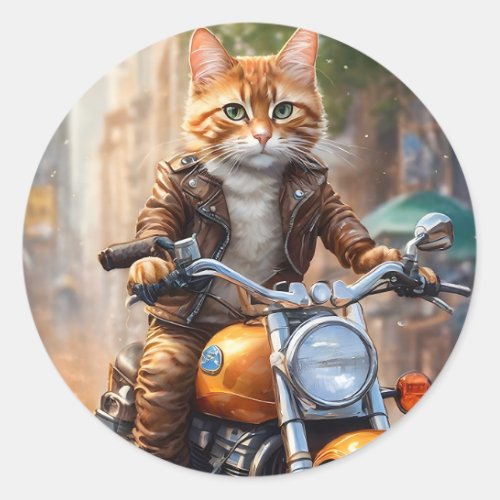 Orange Tabby Cat Out for a Motorcycle Ride Classic Round Sticker