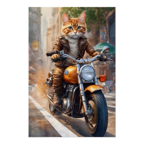 Orange Tabby Cat Out for a Motorcycle Ride Poster