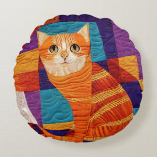 Orange Tabby Cat Patchwork Quilt Pattern Round Pillow