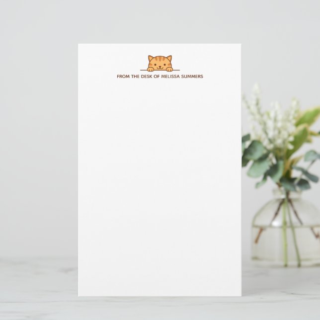 Orange Tabby Cat Peeking above Custom Text Stationery (Standing Front)