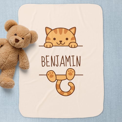 Orange Tabby Cat Peeking behind Custom Name Baby Blanket