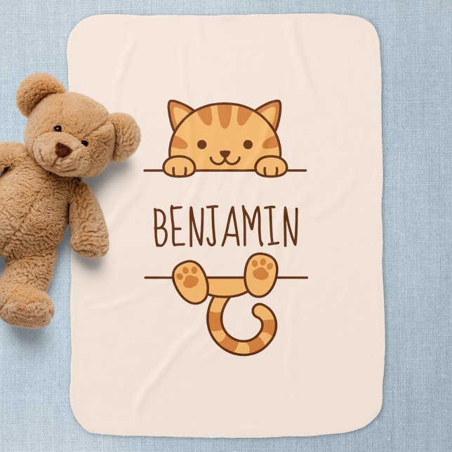 Orange Tabby Cat Peeking behind Custom Name Baby Blanket (Creator Uploaded)