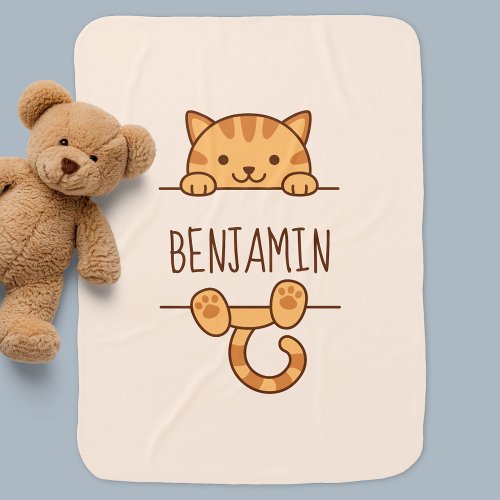 Orange Tabby Cat Peeking behind Custom Name Baby Blanket