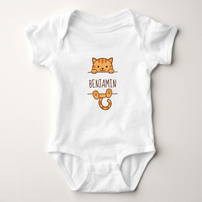 Orange Tabby Cat Peeking behind Custom Name Baby Bodysuit (Front)