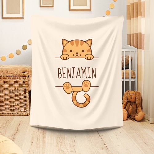 Orange Tabby Cat Peeking behind Custom Name Fleece Blanket