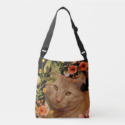 Orange Tabby Cat Photo  Watercolor Flower Frame Crossbody Bag