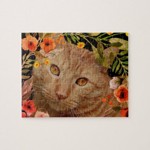 Orange Tabby Cat Photo with Flower Frame Jigsaw Jigsaw Puzzle
