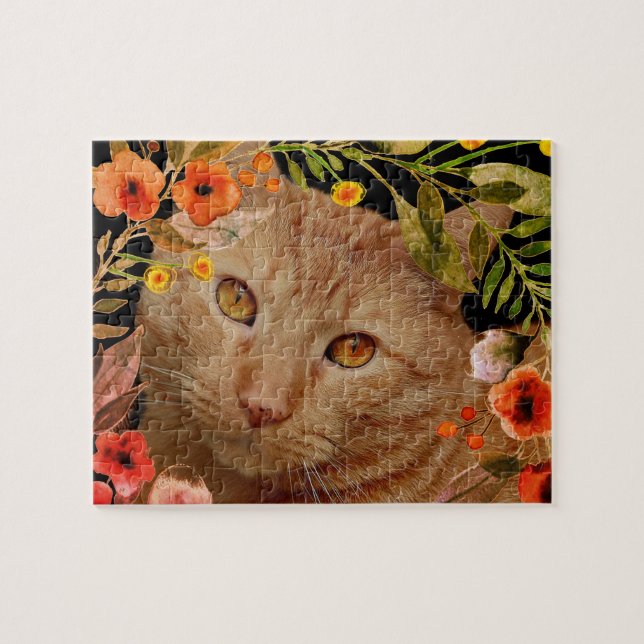 Orange Tabby Cat Photo with Flower Frame Jigsaw Puzzle (Horizontal)