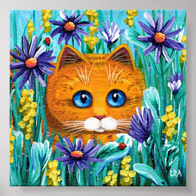 Orange Tabby Cat Purple Aster Flowers Creationarts Poster (Front)