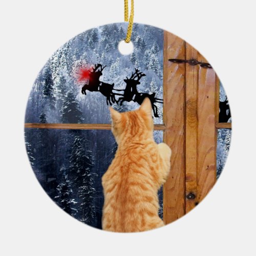 Orange tabby cat red dot Christmas Ceramic Ornament