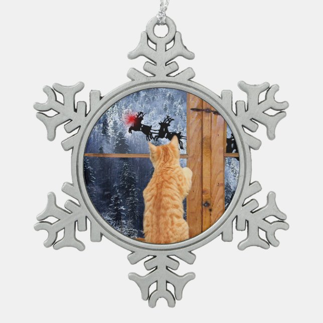 Orange tabby cat red dot Christmas Snowflake Pewter Christmas Ornament (Front)