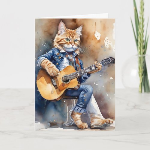Orange Tabby Cat Rock Star Playing Acoustic Guitar Card