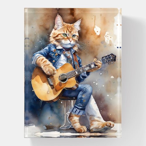Orange Tabby Cat Rock Star Playing Acoustic Guitar Paperweight
