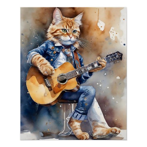 Orange Tabby Cat Rock Star Playing Acoustic Guitar Poster