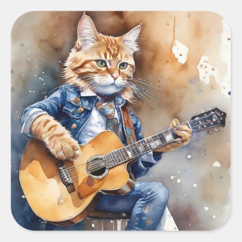 Orange Tabby Cat Rock Star Playing Acoustic Guitar Square Sticker