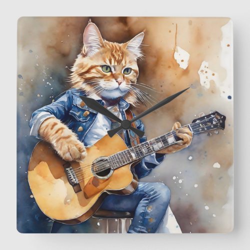 Orange Tabby Cat Rock Star Playing Acoustic Guitar Square Wall Clock