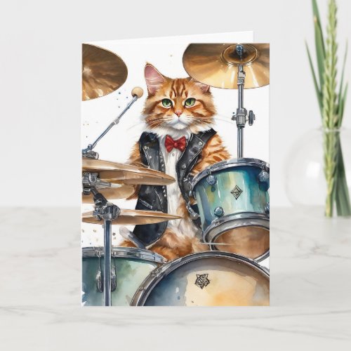 Orange Tabby Cat Rock Star Playing Drums Red Tie Card