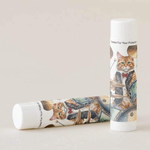 Orange Tabby Cat Rock Star Playing Drums Red Tie Lip Balm