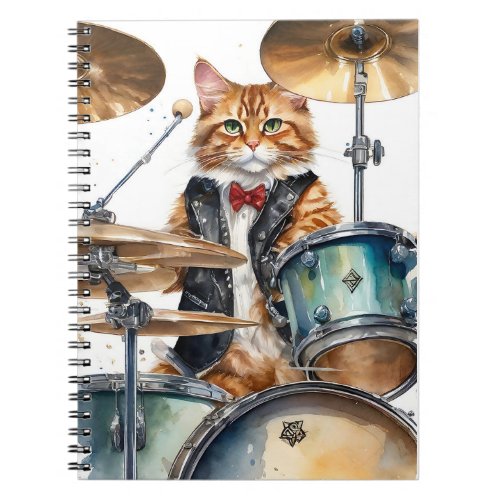 Orange Tabby Cat Rock Star Playing Drums Red Tie Notebook