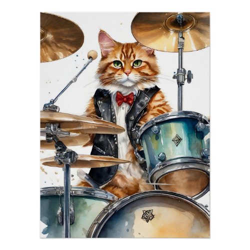 Orange Tabby Cat Rock Star Playing Drums Red Tie Poster