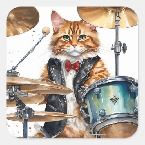 Orange Tabby Cat Rock Star Playing Drums Red Tie Square Sticker