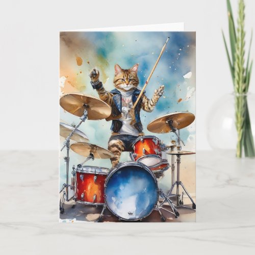 Orange Tabby Cat Rock Star Playing the Drums Card