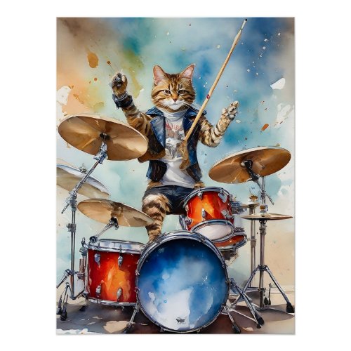 Orange Tabby Cat Rock Star Playing the Drums Poster