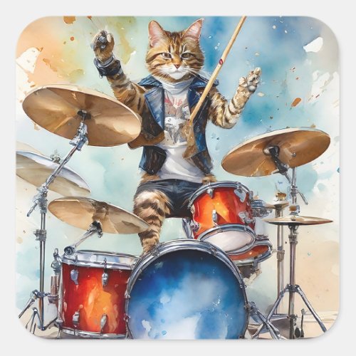 Orange Tabby Cat Rock Star Playing the Drums Square Sticker