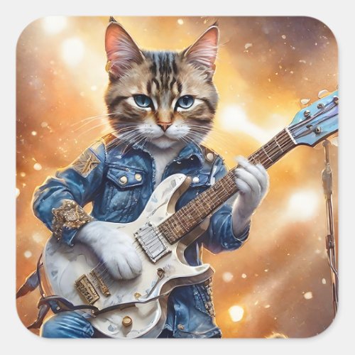 Orange Tabby Cat Rock Star Playing the Guitar Square Sticker
