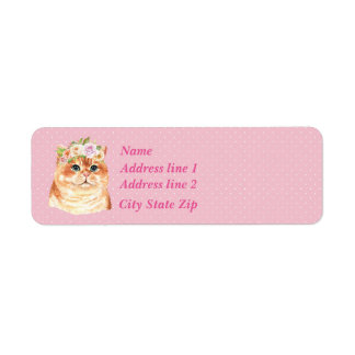 Orange Tabby Cat, Roses And Pink Polka Dots Label