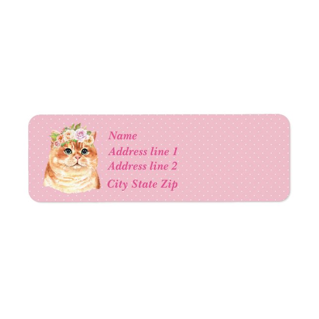Orange Tabby Cat, Roses And Pink Polka Dots Label (Front)