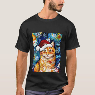 Orange Tabby Cat Santa Starry Night Christmas Art T-Shirt