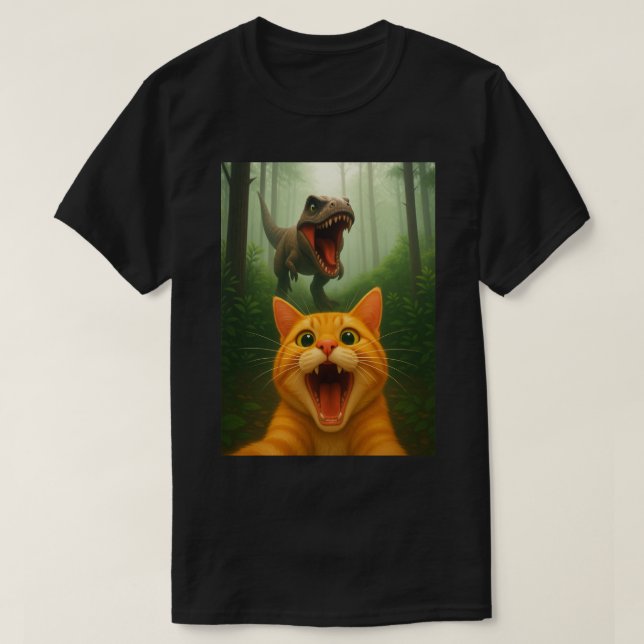 Orange Tabby Cat Selfie with Dinosaur – Funny Cat  T-Shirt (Design Front)