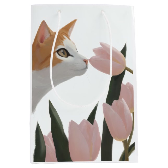 Orange Tabby Cat Tulip Love Medium Gift Bag (Front)