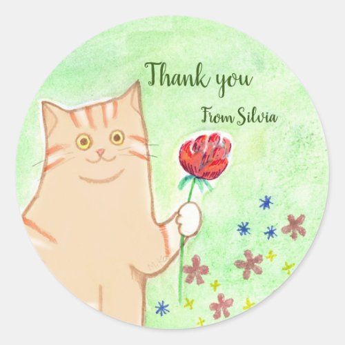 Orange tabby Cat with a Flower Easy Custom Favor  Classic Round Sticker