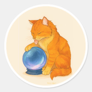 Orange Tabby cat with blue crystal ball Classic Round Sticker