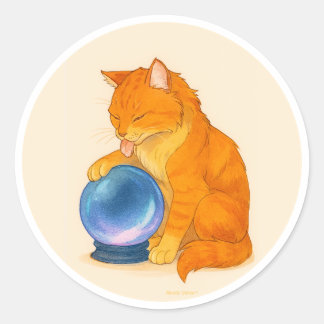 Orange Tabby cat with blue crystal ball  Classic Round Sticker