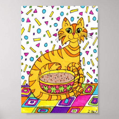 Orange Tabby Cat with Cappuccino Mini Folk Art Poster