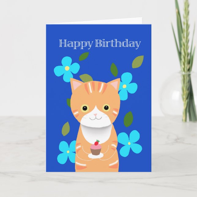 Orange tabby Cat with cupcake cute cat birthday Card (Front)