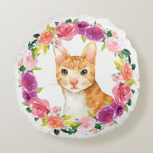 Orange Tabby Cat with Floral Wreath Pillow