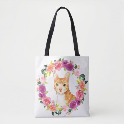 Orange Tabby Cat with Floral Wreath Tote Bag