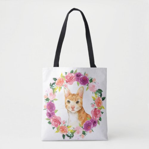 Orange Tabby Cat with Floral Wreath Tote Bag