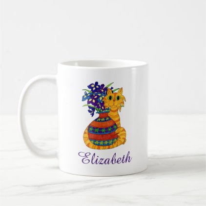 Orange Tabby Cat with Vase of Irises Custom Name Coffee Mug