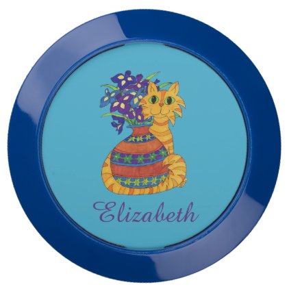 Orange Tabby Cat with Vase of Irises Custom Name USB Charging Station