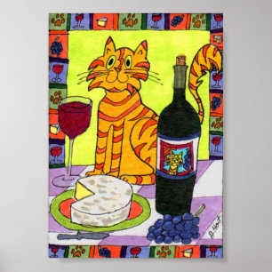 Orange Tabby Cat with Wine & Cheese Mini Folk Art Poster