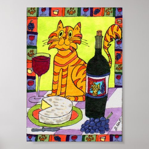 Orange Tabby Cat with Wine  Cheese Mini Folk Art Poster