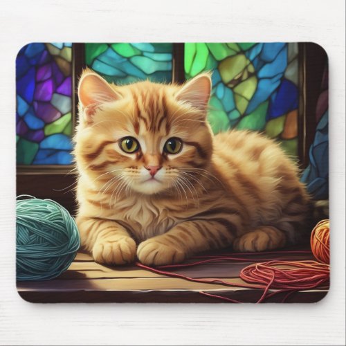 Orange Tabby Cat With Yarn Mouse Pad