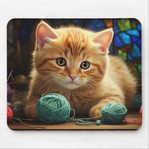 Orange Tabby Cat With Yarn Mouse Pad