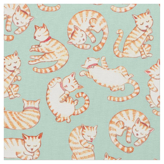 Orange Tabby Cats Illustrated Pattern Fabric (Close Up)